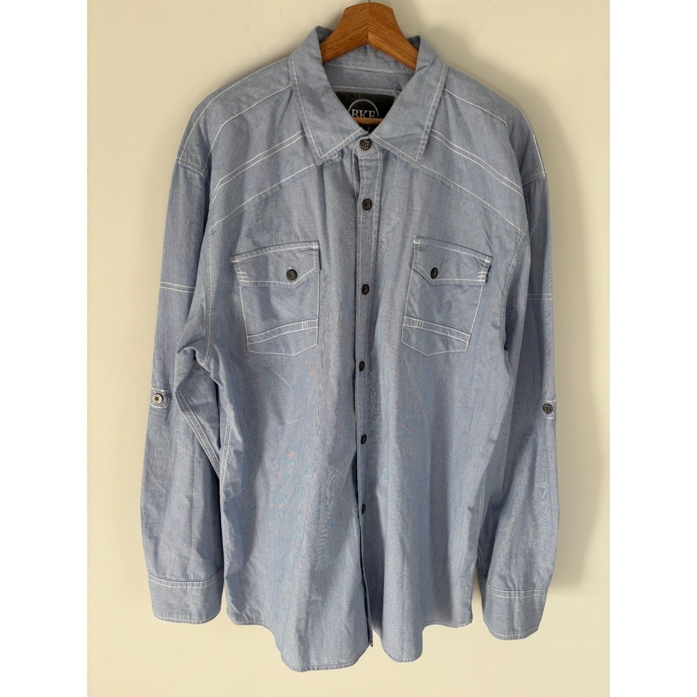 BKE Mens XXL Athletic Fit Button Down Shirt Blue White Stripe Roll Tab Sleeve - Picture 7 of 8